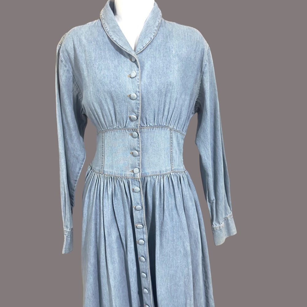 VTG 90s Styleworks Denim Midi Dress 8 Long Sleeve Button Front Western Prairie * - Picture 6 of 14